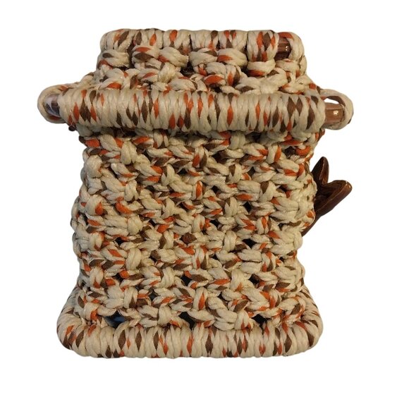 Vintage Macrame Tissue Box Cover Brown Tones With Ceramic Butterfly Accent - Picture 4 of 6